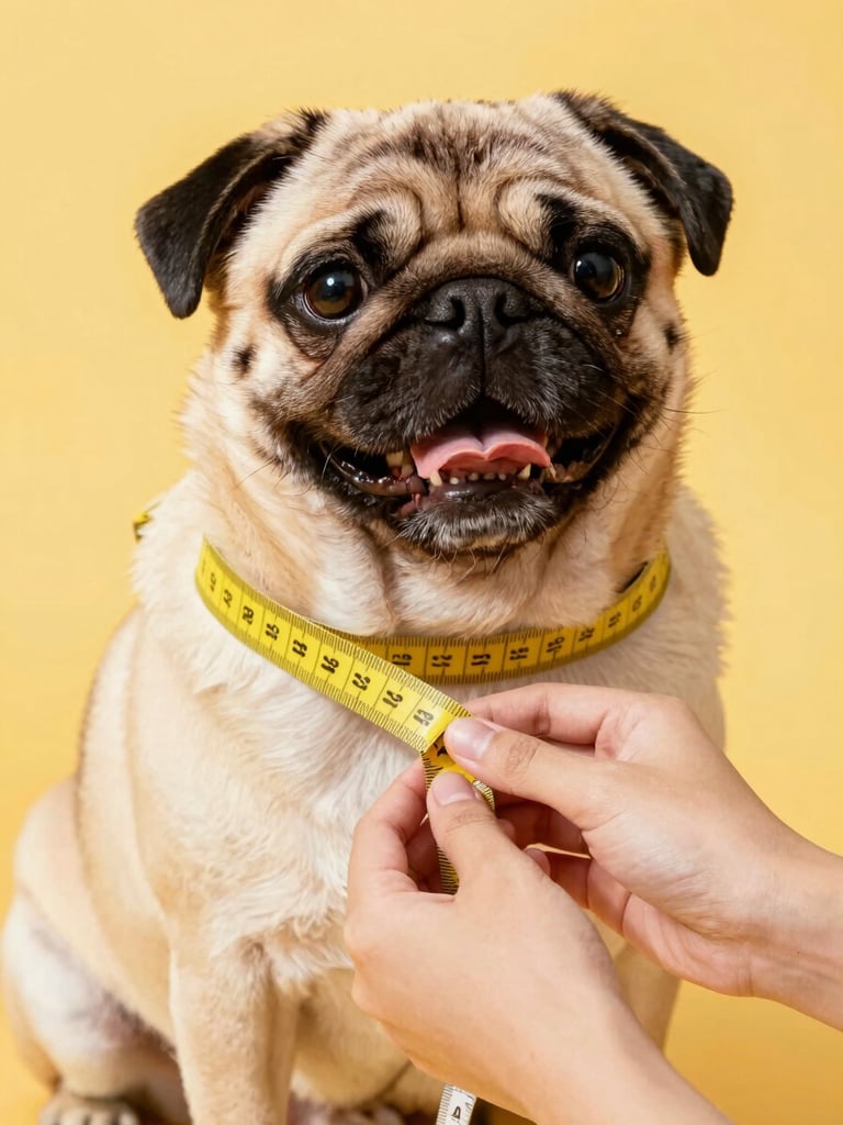 Vibrant close-up of hands gently measuring a happy pug with a yellow measuring tape, warm daylight, soft focus.