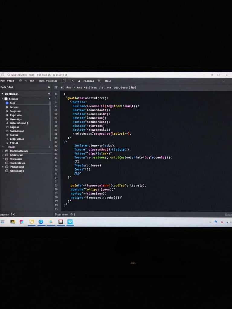 Orthographic macro flat-lay of a dark-mode code editor showing a clean, highly optimized Rust function with minimal syntax highlighting on a pitch-black background.
