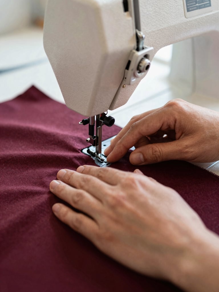 Close-up of hands delicately guiding fabric through a high-end industrial sewing machine, detailed stitching, warm natural workshop light, shallow depth of field, 35mm.
