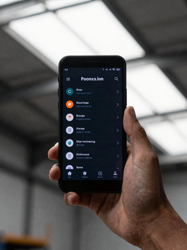 Over-the-shoulder shot of a rugged handheld Android device displaying a high-contrast dark-mode UI, natural overcast daylight filtering through a warehouse skylight, shallow depth of field, 35mm