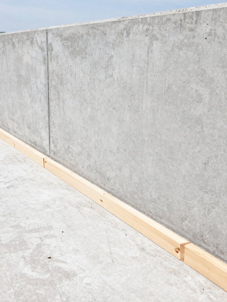 Close-up of a perfectly level concrete foundation wall meeting the first course of timber framing, bright sunlight, crisp details, structural blueprint aesthetic.
