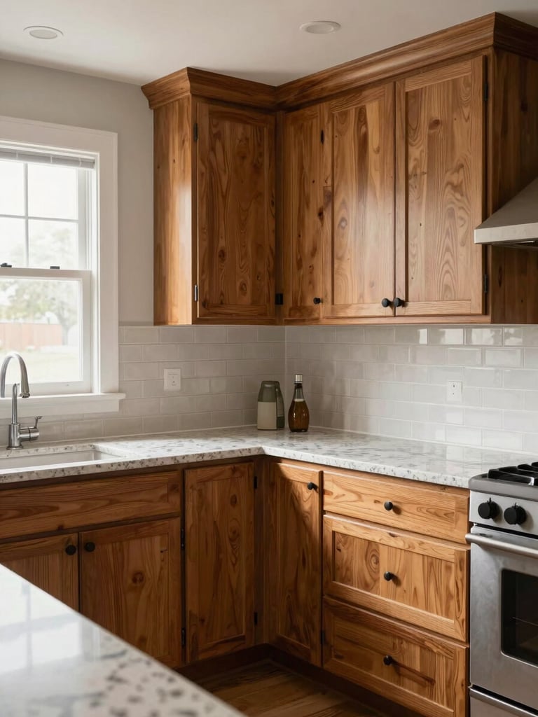 Wide-angle view of a completed kitchen remodel in a Stillwater home — warm oak cabinetry with flat-panel doors, quartz countertops, and subway tile backsplash under soft north-facing window light revealing grain and material texture