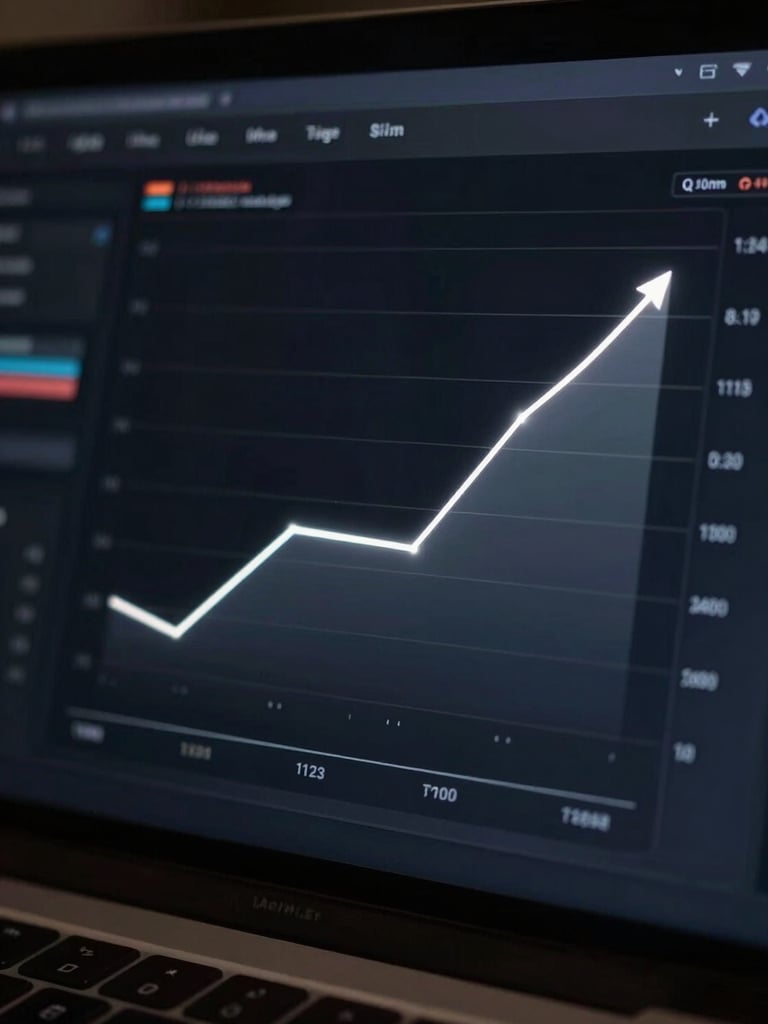 Extreme close-up of a sleek dark UI dashboard showing glowing silver growth curves, low-key chiaroscuro lighting, deep shadows, ultra-premium aesthetic