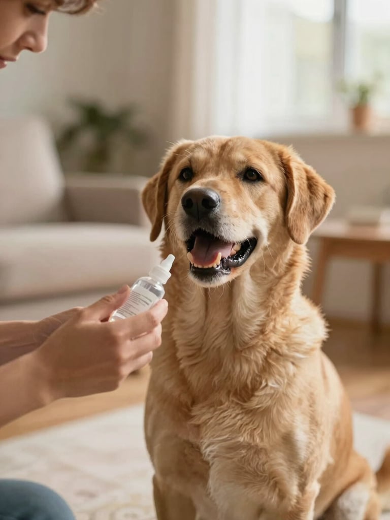 Medium environmental portrait of a foster volunteer gently administering a liquid medication to a calm, happy dog in a sunlit living room, warm editorial photography, soft focus.