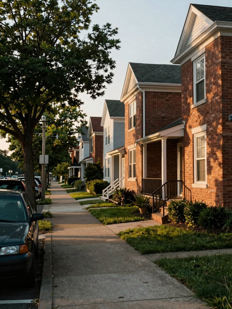 Wide street-level view of a classic Piedmont NC neighborhood, tree-lined sidewalk running left to right, warm afternoon light on brick facades, a parked car in the foreground, residential depth receding into background