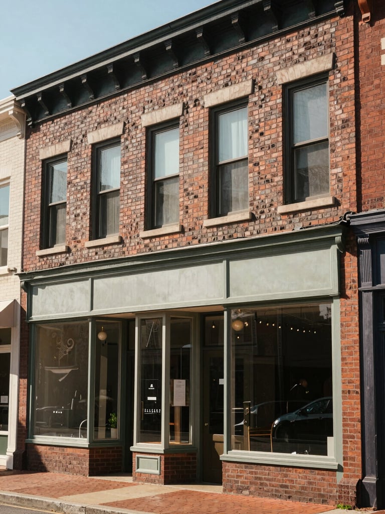 Close street-level view of a brick-facade row of storefronts in a Piedmont North Carolina town center, midday natural light casting sharp shadows on textured masonry, no people, architectural detail visible in window frames and cornices