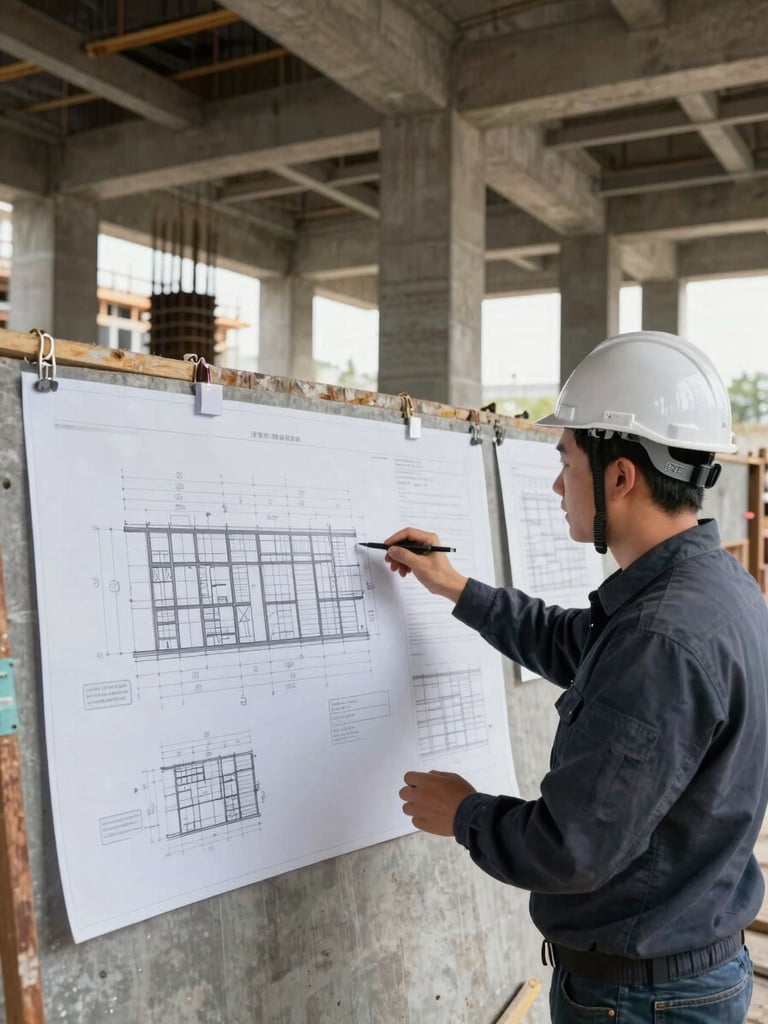 Wide shot inside an active construction site — site engineer reviewing large-format structural drawings pinned to a temporary site hoarding, safety helmet on, available daylight from an open structural bay beyond, reinforced concrete columns in background mid-pour, documentary editorial style, genuine execution atmosphere, no staged poses