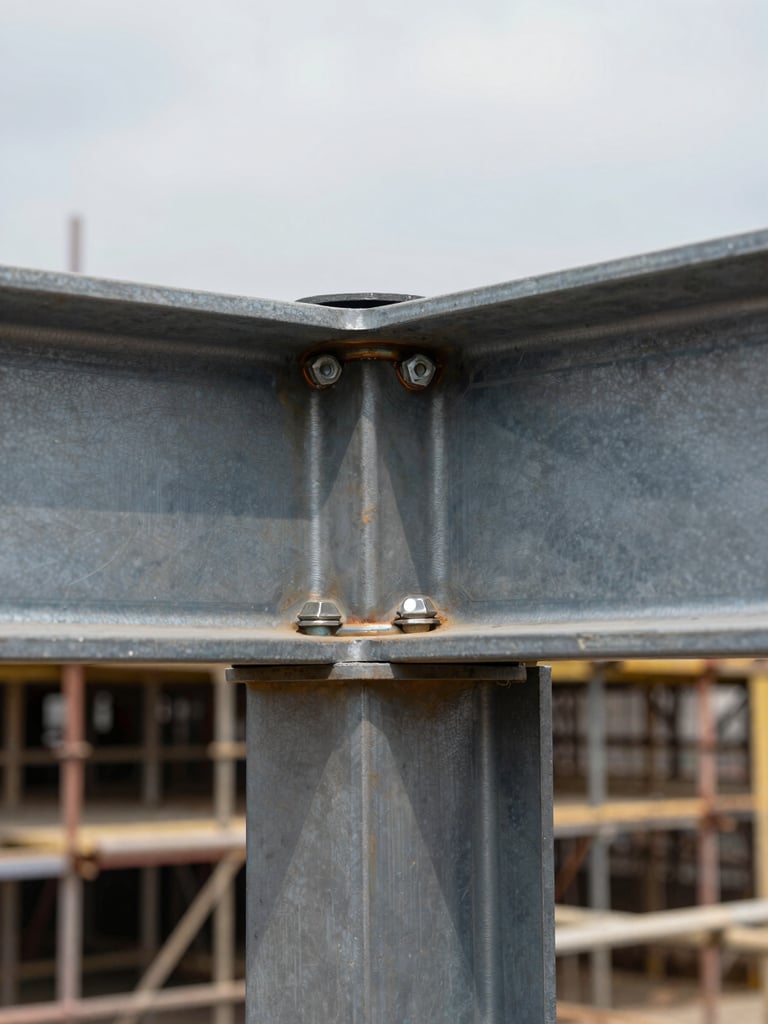 Extreme close-up of a structural steel connection joint on a building under construction in Nigeria — bolt heads, welded plate, and raw steel surface in sharp focus, overcast daylight from above revealing true metal tone, shallow depth of field with scaffolding blurred in the background, no people