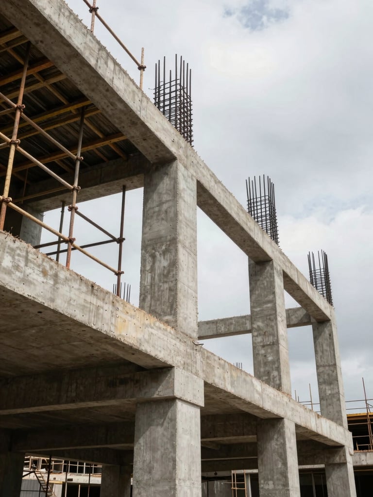Wide panoramic view from ground level looking up at a reinforced concrete structural frame under construction in Lagos, steel rebar joints visible in sharp focus against an overcast sky, scaffolding extending into the upper frame, natural diffuse daylight revealing true concrete texture, no workers posed — only the precision of the structure itself