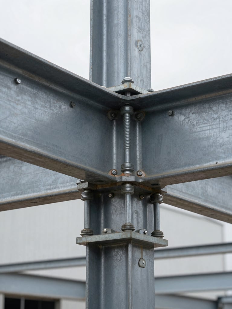 Close-up documentary shot of a steel structural connection on a completed industrial building — high-tensile bolt group in a gusset plate, mill-scale steel surface with construction markings, overcast available light showing material texture and precision fit, no people, extreme foreground detail filling the frame