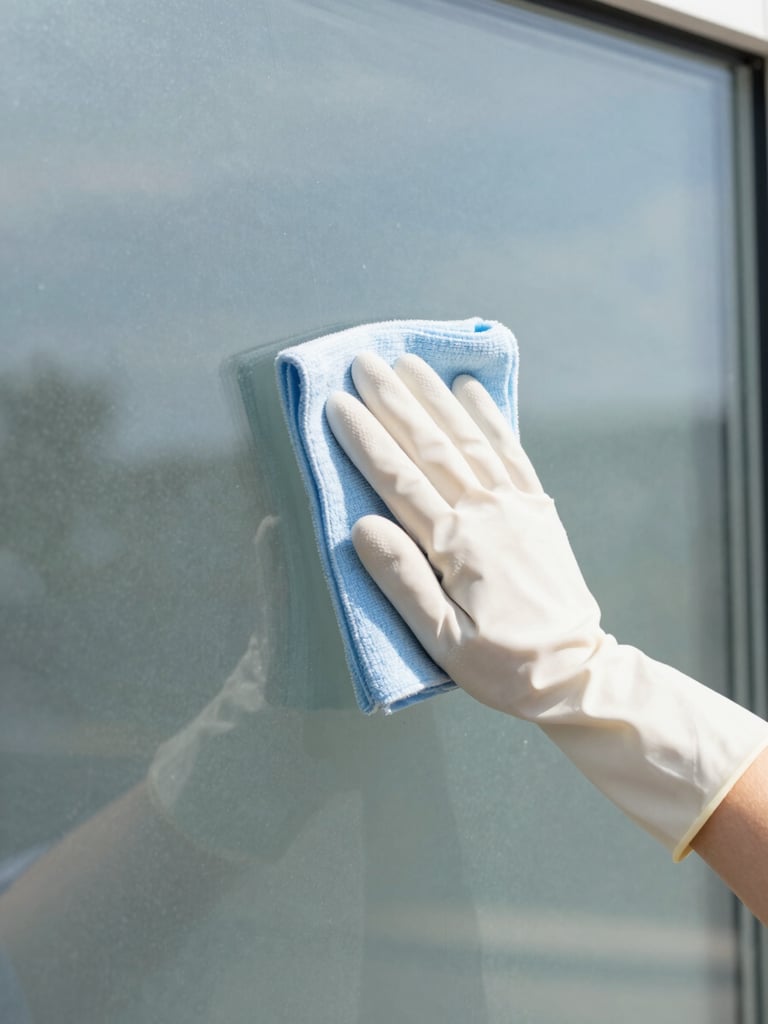 Close-up of a professional cleaner's hands, wearing clean gloves, meticulously polishing a streak-free glass surface with an eco-safe cloth, bright natural daylight, clean white and soft blue tones, sharp focus, 35mm lens.