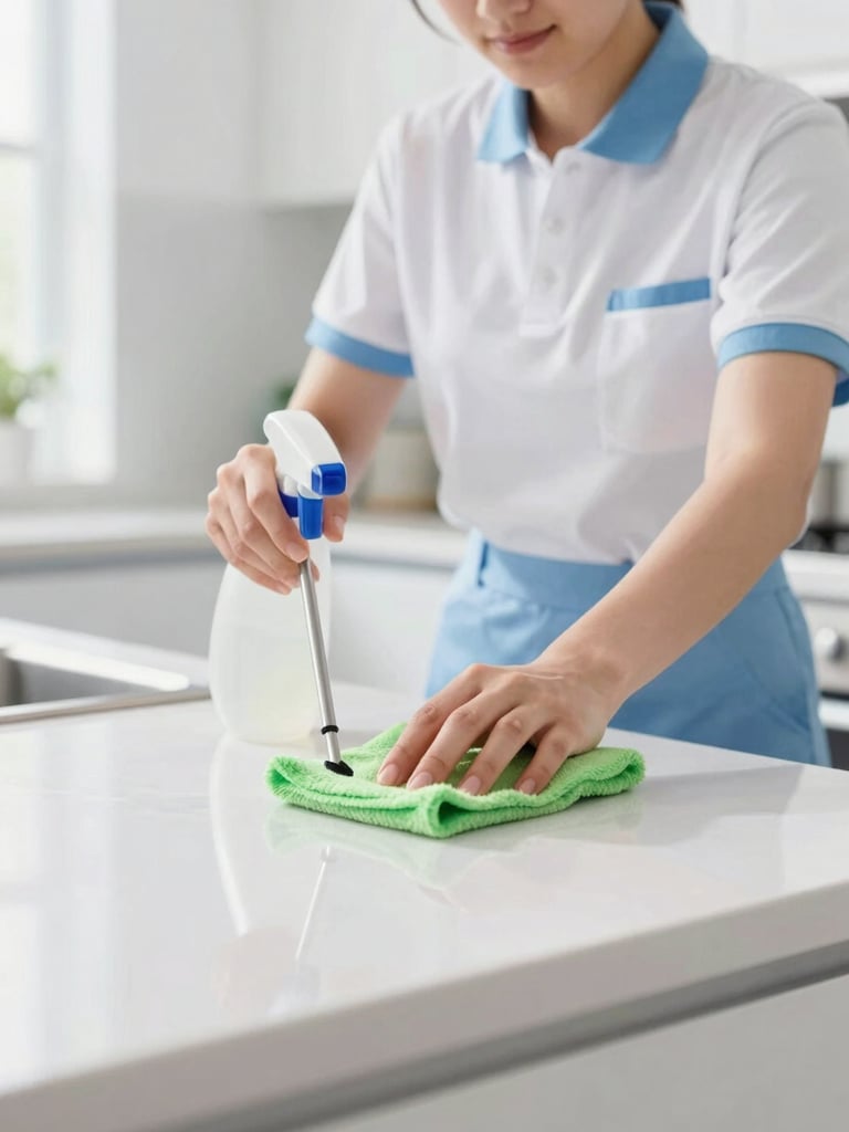 Bright, high-key natural daylight shot of a professional cleaner in a neat uniform meticulously cleaning a gleaming kitchen counter with eco-friendly tools, focus on hands and sparkling surface, 35mm lens.