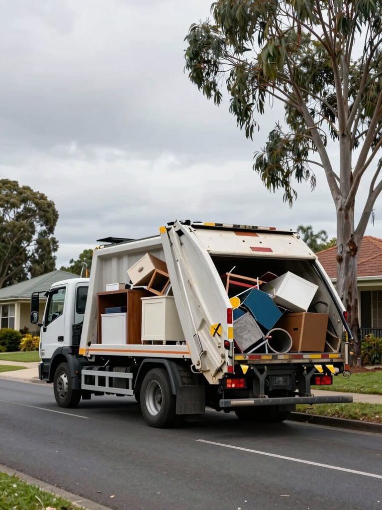 Wide environmental shot, natural overcast daylight — a fully loaded rubbish removal truck parked on a quiet Albury residential street, rear bed piled high with furniture and general household junk, driver's cab visible to the left, suburban houses and eucalyptus trees lining the background