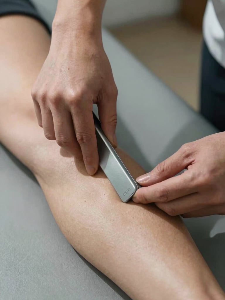 Close-up overhead shot of therapist hands applying IASTM instrument along an athlete's calf muscle on a treatment table, bright direct studio light casting sharp shadows on the tool edge and skin texture, clinical setting, no faces visible