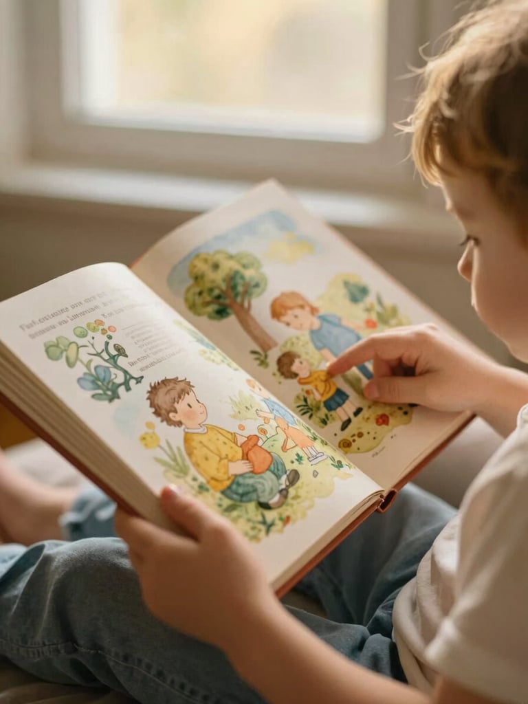Close-up of a mother and child's hands holding an open children's book with rich, warm watercolor illustrations, soft golden lighting, shallow depth of field, 35mm