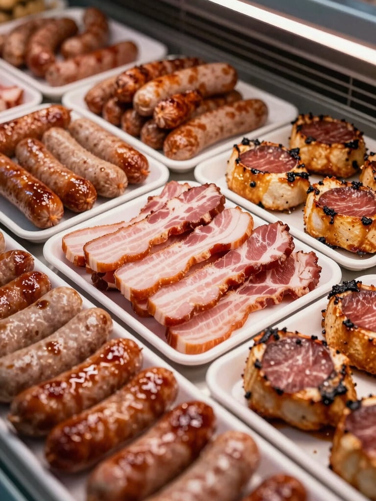 Close-up overhead shot of a loaded deli counter display — glistening sausages, thick-cut bacon rashers, and golden braai chops arranged on clean white trays under bright studio light, abundant and appetizing