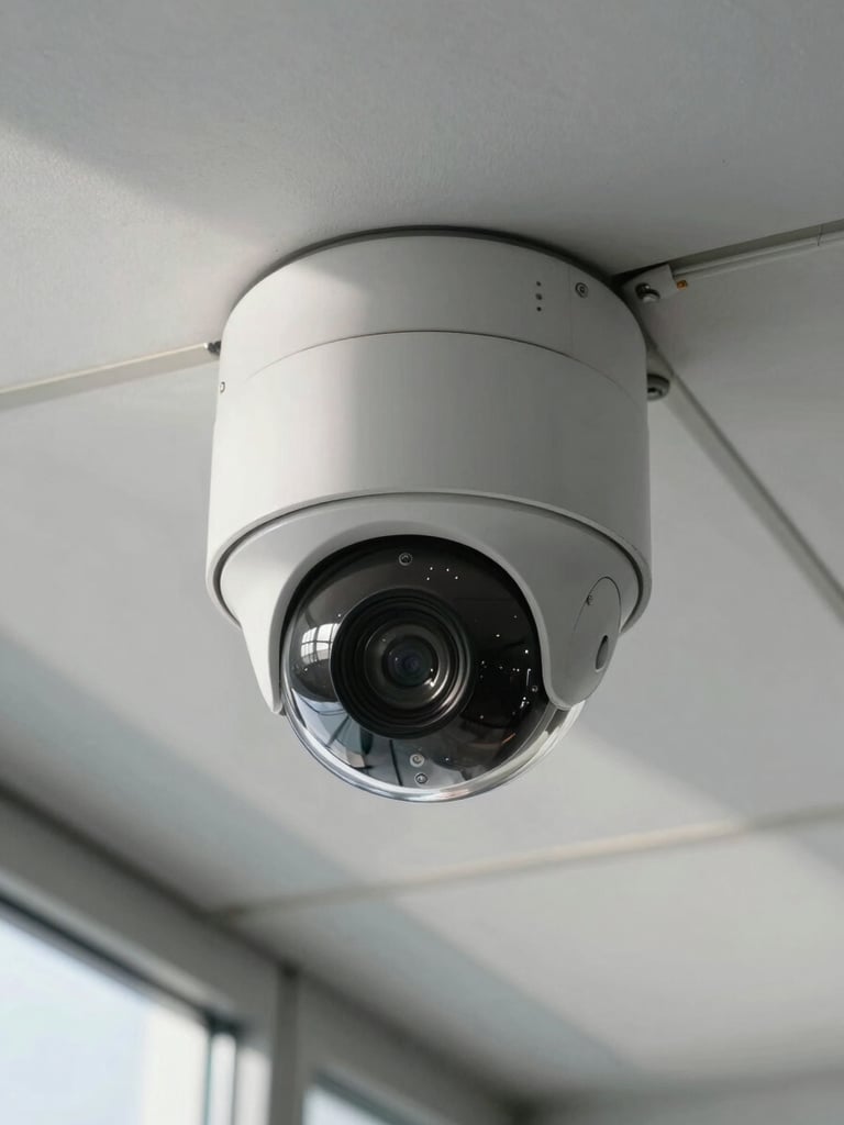 Close-up of a dome security camera mounted on an office ceiling, conduit routing visible behind it, daylight from a window casting sharp shadows across the white ceiling tile, industrial-precision framing from below