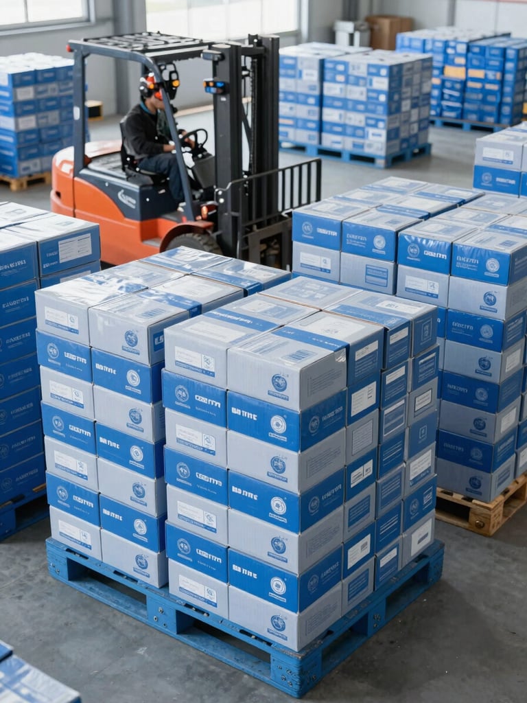 Wide shot of a modern, well-lit logistics hub, neatly stacked pallets of branded boxes in the foreground, a forklift operating in the background, clean blue and slate tones, sharp focus.