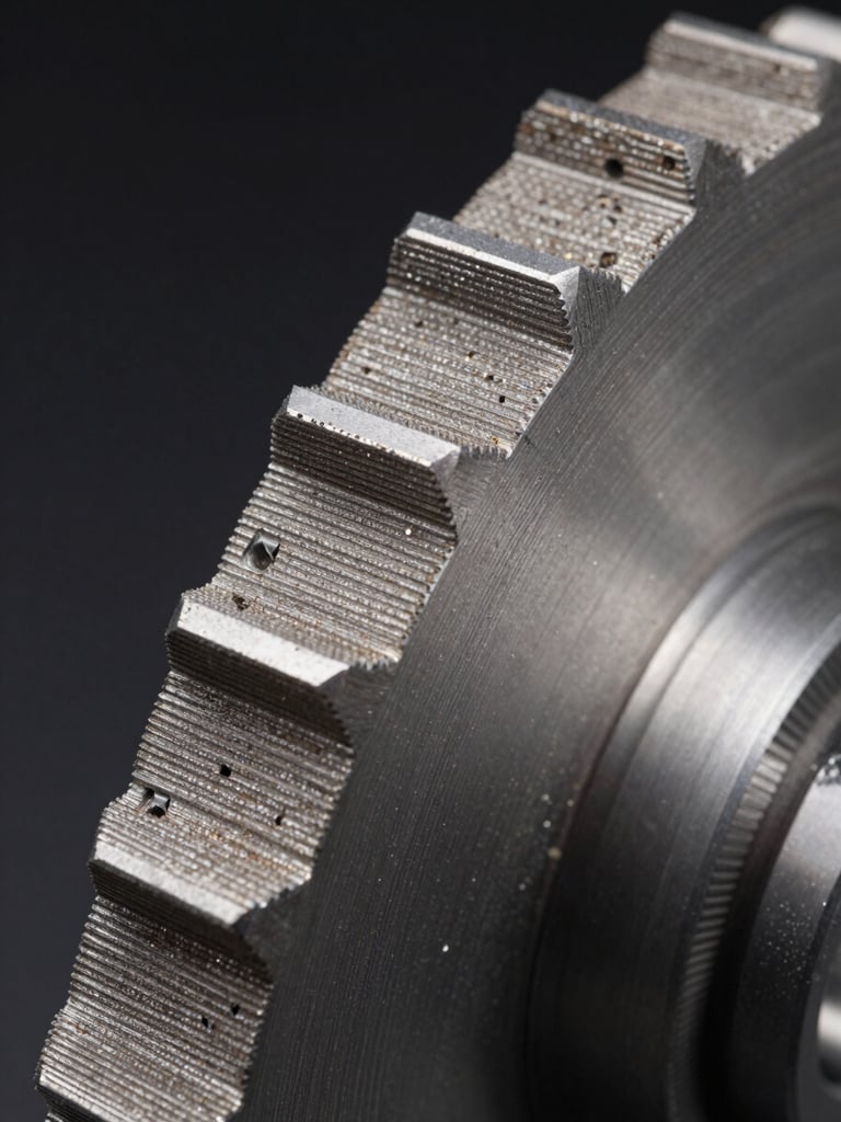 Close-up macro of a profiled diamond grinding wheel with complex contoured edge geometry, studio lighting isolating the bond surface and precise groove profile against a dark background, sharp technical detail