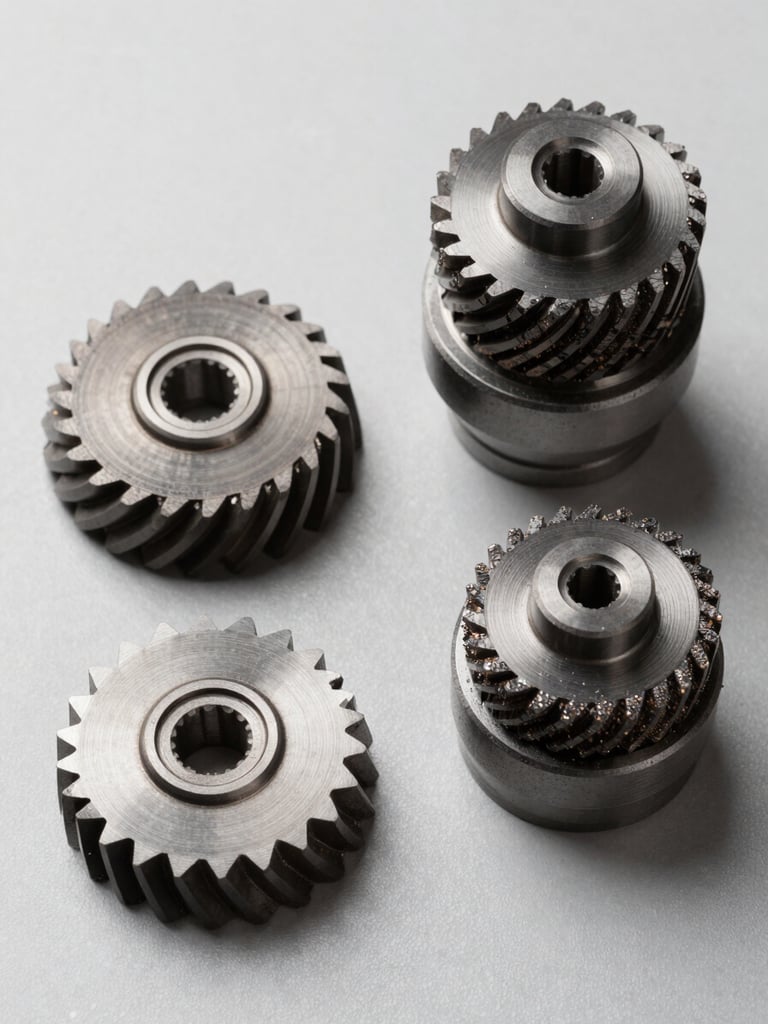 Overhead technical photography of three diamond grinding wheels of different sizes and profiles arranged on a flat grey surface under bright studio lighting, grain and bond detail sharp, no hands