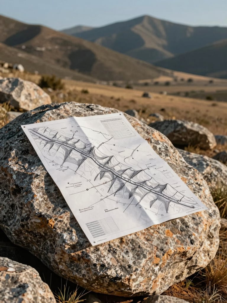 A hand-drawn geological cross-section map resting on a weathered granite boulder in a dry, mountainous field site, sharp afternoon sunlight.