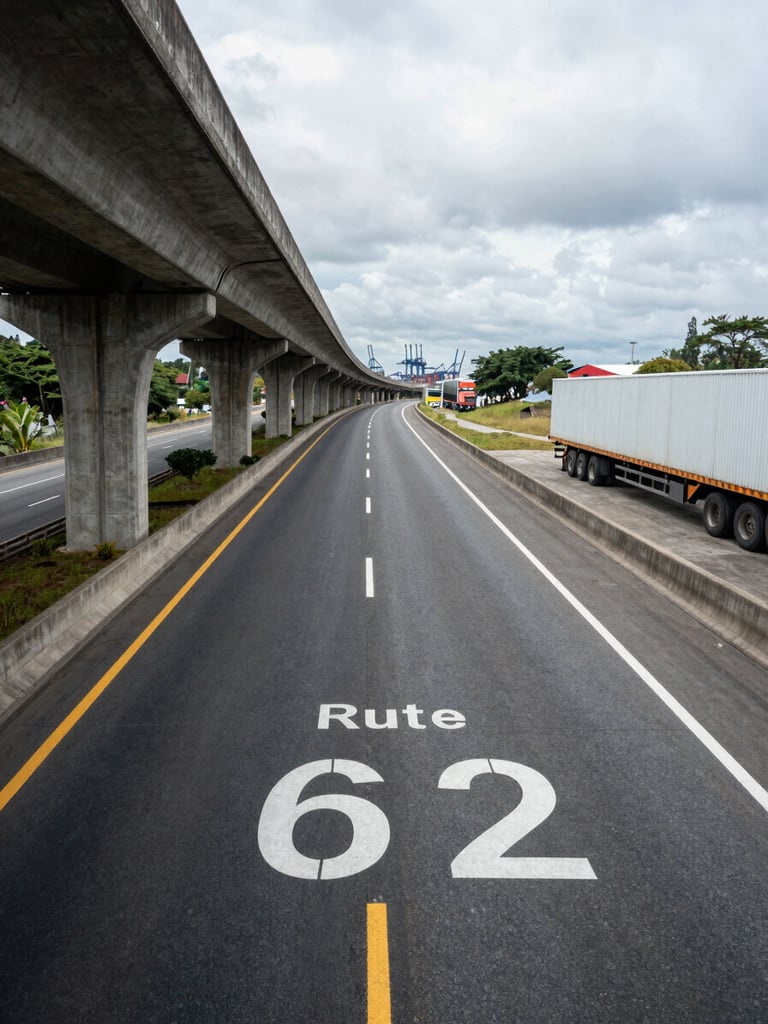 Elevated wide-angle shot from a concrete overpass looking along Route 62 in Urabá — the highway stretches into the distance with the flat logistics platform visible to the right and the port's gantry cranes faintly discernible on the far horizon, overcast daylight rendering asphalt and painted road markings in sharp industrial clarity, no people, no vehicles