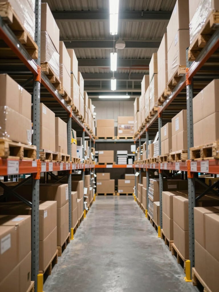 Eye-level shot of a warehouse fulfillment room: metal shelving stacked with packaged products in cardboard boxes, bright overhead daylight fluorescent lighting, no people, clean aisle visible between shelves