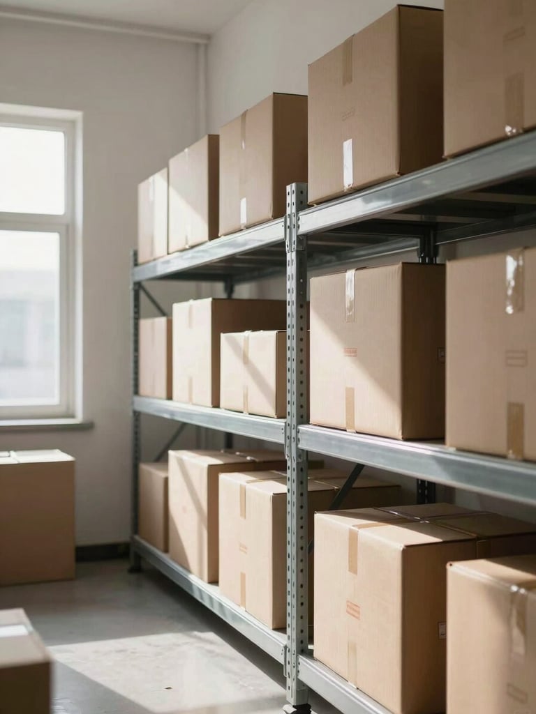 Wide eye-level shot inside a bright e-commerce fulfillment room, tall metal shelving units packed with boxed inventory on the right side of frame, clean white walls, natural daylight from a window off-left casting sharp soft shadows across product boxes, no people visible