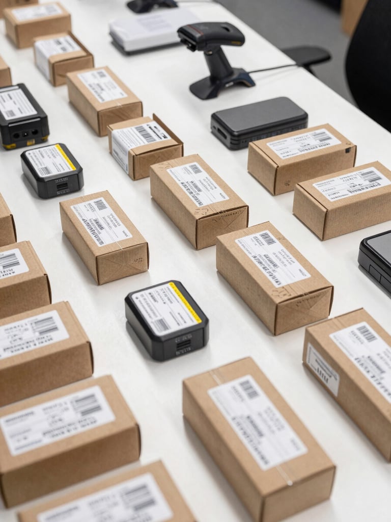 Wide overhead flat-lay of a fulfillment station: rows of boxed electronics products on a white surface, shipping labels and barcode scanner visible, bright studio lighting, no people, clean and precise