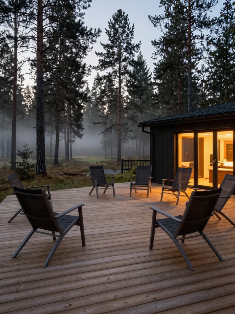 Wide shot of a Scandinavian forest lodge terrace at dusk, wooden decking extending toward pine trees, a group of empty chairs arranged in a loose circle, warm interior light spilling through glass doors in the background, mist low in the tree line