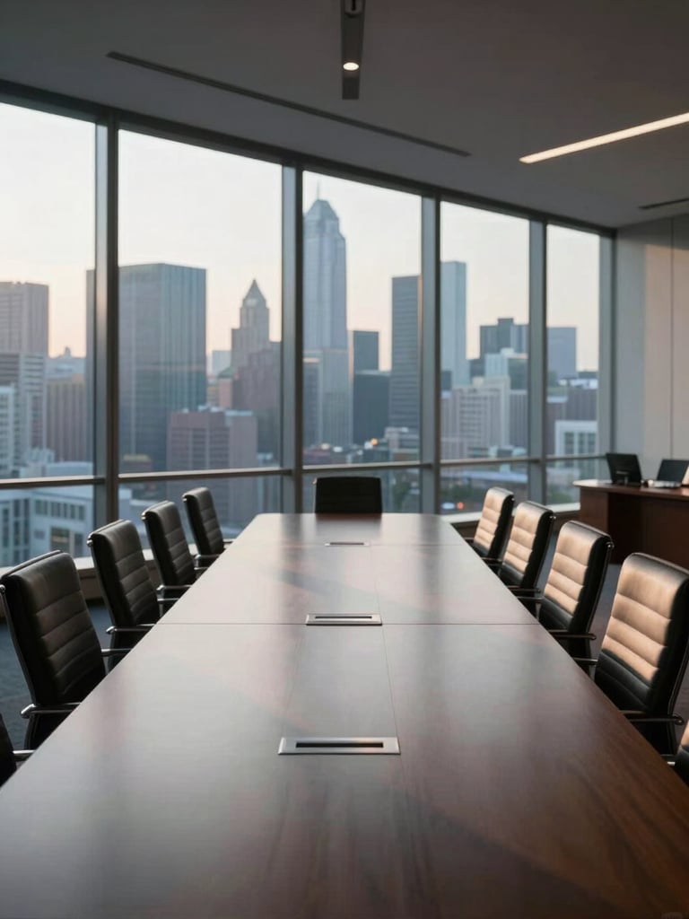 Wide shot of an empty executive boardroom at dawn, floor-to-ceiling glass wall on the right revealing a grey-blue city skyline, a long polished table with leather chairs in precise alignment, directional morning light casting long shadows across the surface, no people