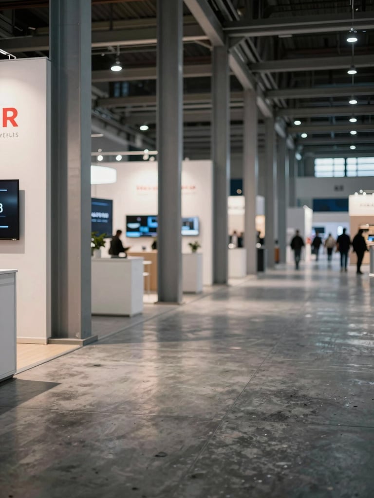Close-up of a trade show floor at Messe Frankfurt, empty exhibition hall before opening, steel structural columns receding into depth, directional overhead lighting casting long shadows on polished concrete, a single branded booth partially visible on the left edge
