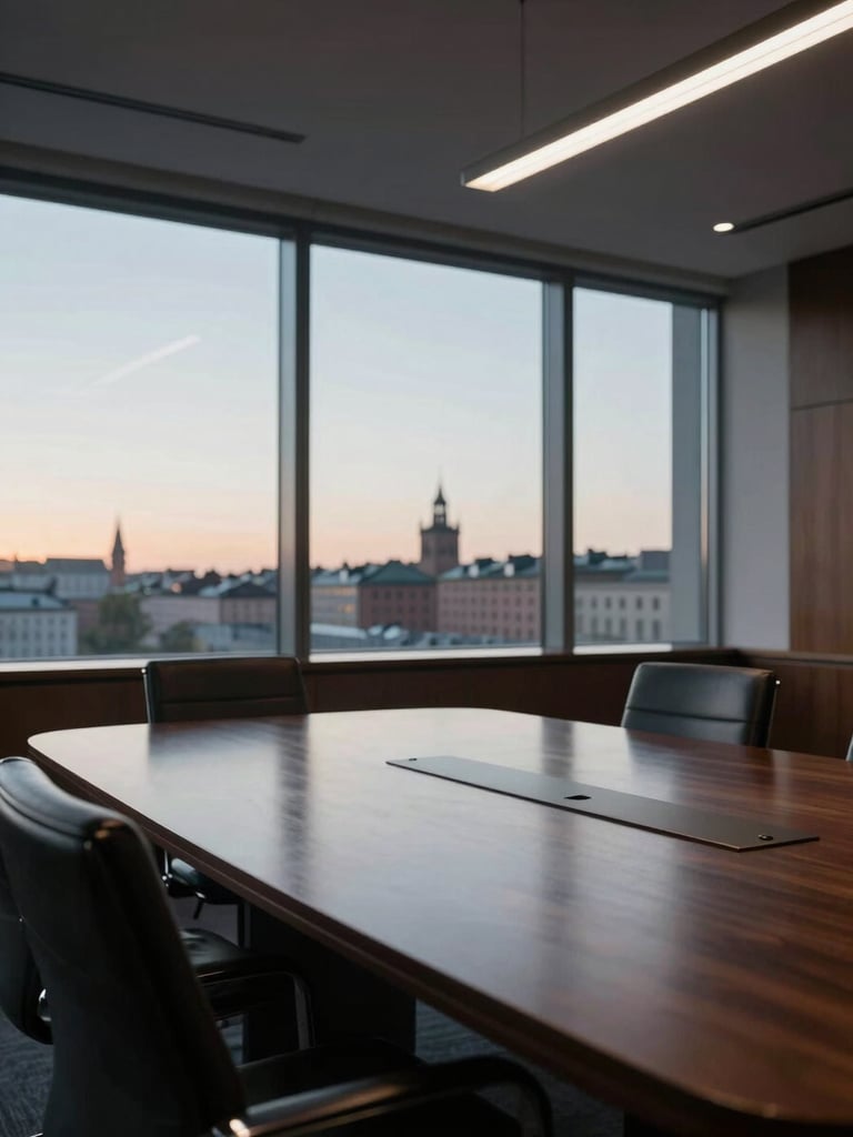 Wide-angle interior of an empty executive boardroom at dawn, dark wood table reflecting overhead recessed light, two leather chairs visible in foreground, floor-to-ceiling windows showing grey Stockholm morning sky, no people, directional north light