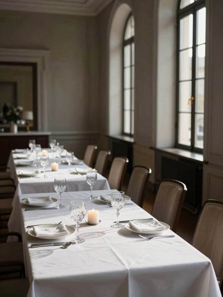 Interior of a private dining room in a European luxury hotel, a long table set for twelve with crystal glassware, candles unlit, directional afternoon light entering from tall narrow windows on the right, chairs empty, room silent and composed