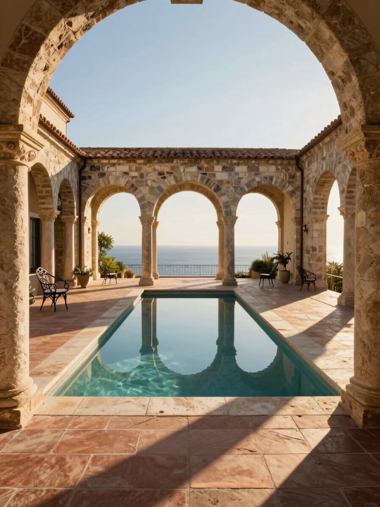 Wide shot of a luxury villa courtyard in coastal Italy at late afternoon, stone archways framing a still reflecting pool, directional golden-hour light casting long shadows across terracotta, empty wrought-iron chairs visible under an arch, no guests