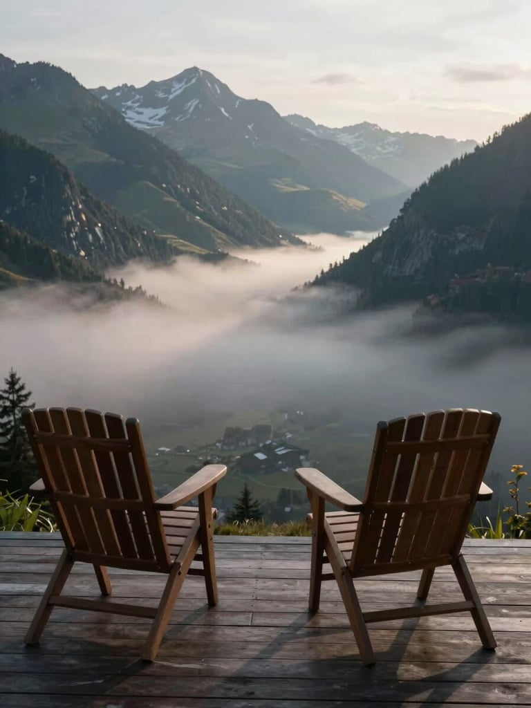 Terrace of a mountain lodge overlooking an alpine valley, two empty wooden chairs facing the view, early morning fog in the valley below, directional side light defining the ridge line, no people, quiet and composed