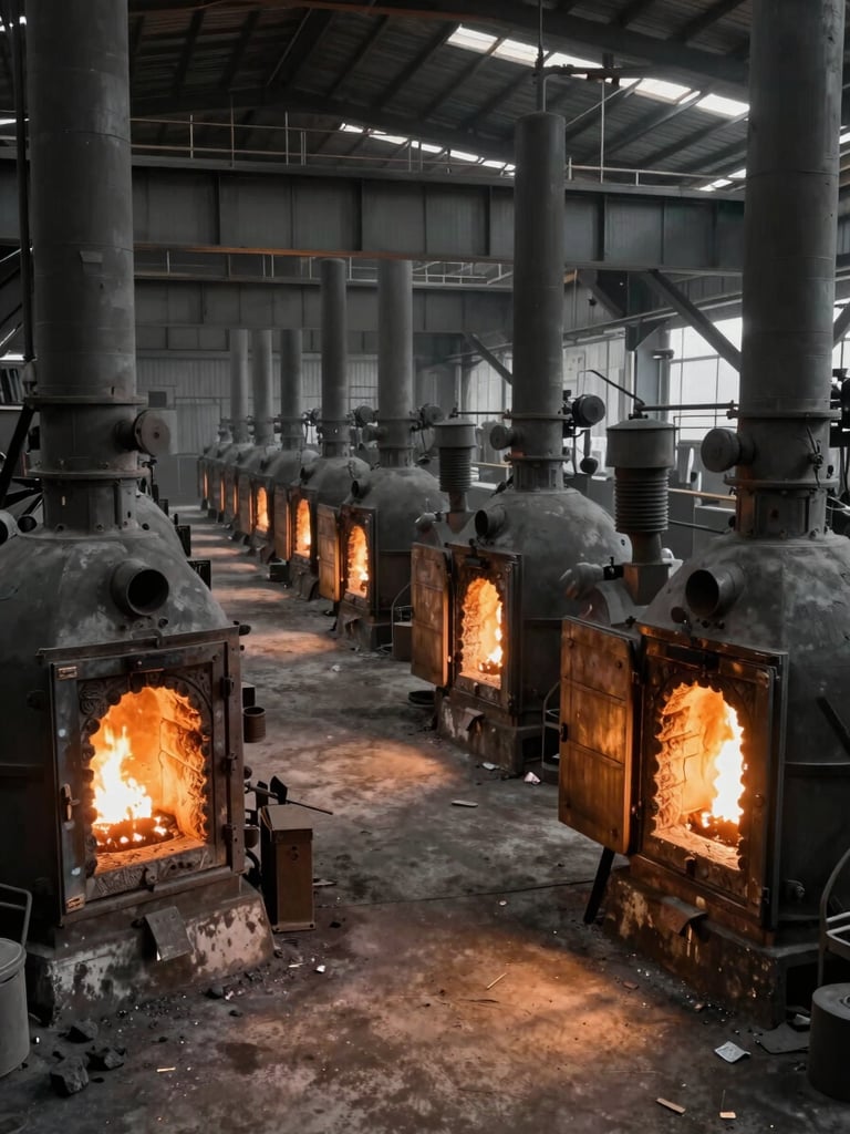 Wide interior shot of a charcoal production facility, rows of active kilns glowing amber through iron doors, tungsten light cutting across concrete floor, scale of industrial operation visible, no people facing camera