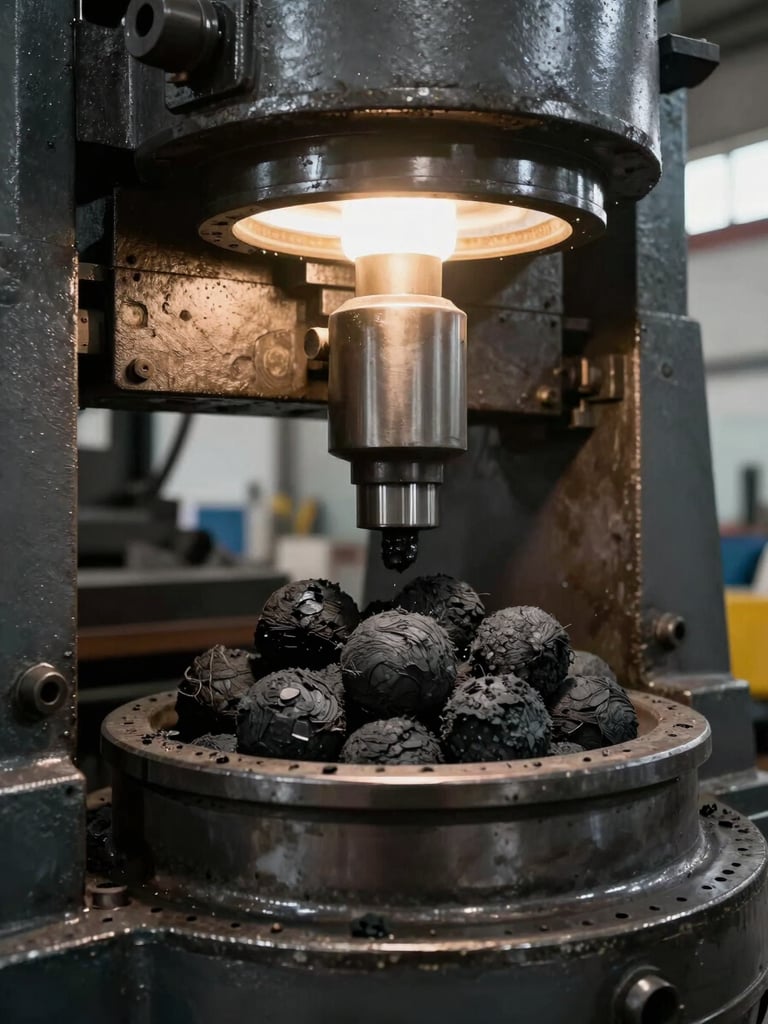 Close-up of industrial briquette press mid-cycle, coconut charcoal briquettes emerging from die under pressure, tungsten overhead light, worn steel machinery in focus, production floor visible in background