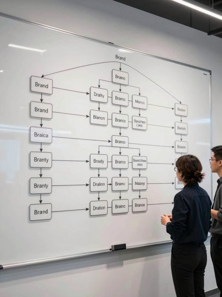 Wide-format shot of a large whiteboard covered in a structured message architecture diagram, arrows connecting brand pillars to channel formats, two team members reviewing from a slight distance, clean studio light, no faces visible, grounded and systematic