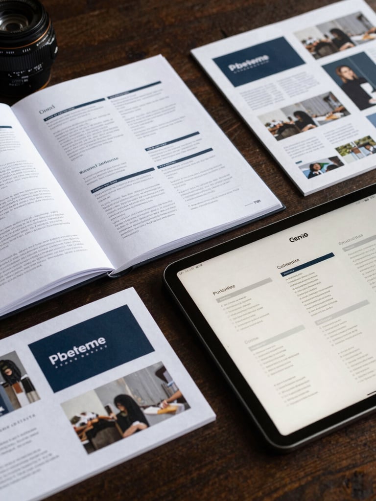 Close-up of a designer's desk with open brand guidelines document, printed brochure samples, and a tablet showing the same brand system digitally, north-light, documentary and precise