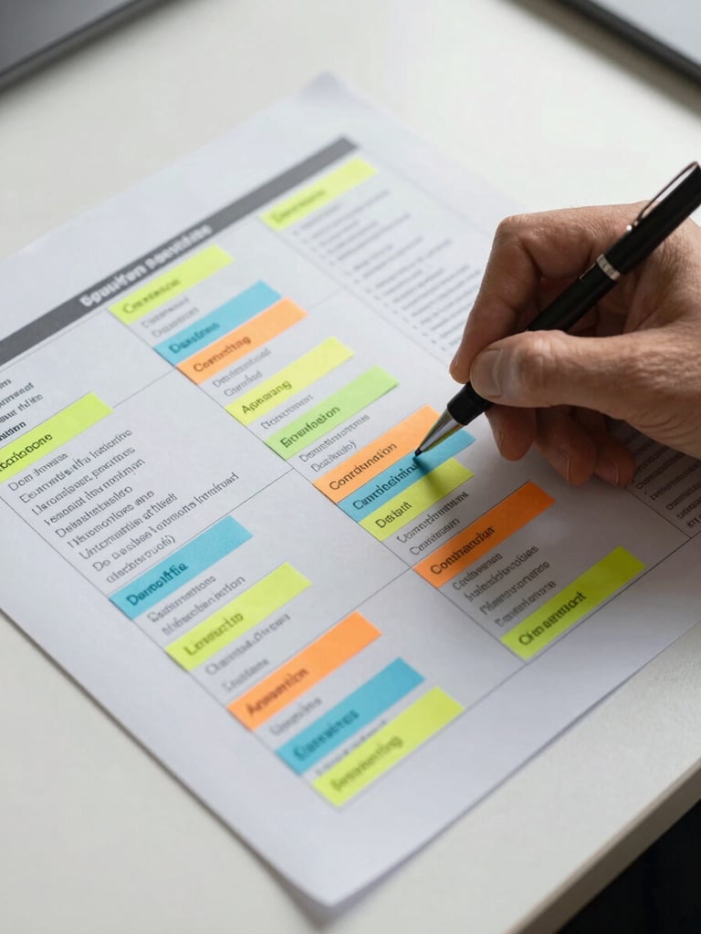 Close-up overhead view of a brand audit document spread on a white desk, colored sticky notes marking contradictions across print and digital channel columns, a hand with a pen mid-annotation, cool natural north light, documentary and precise