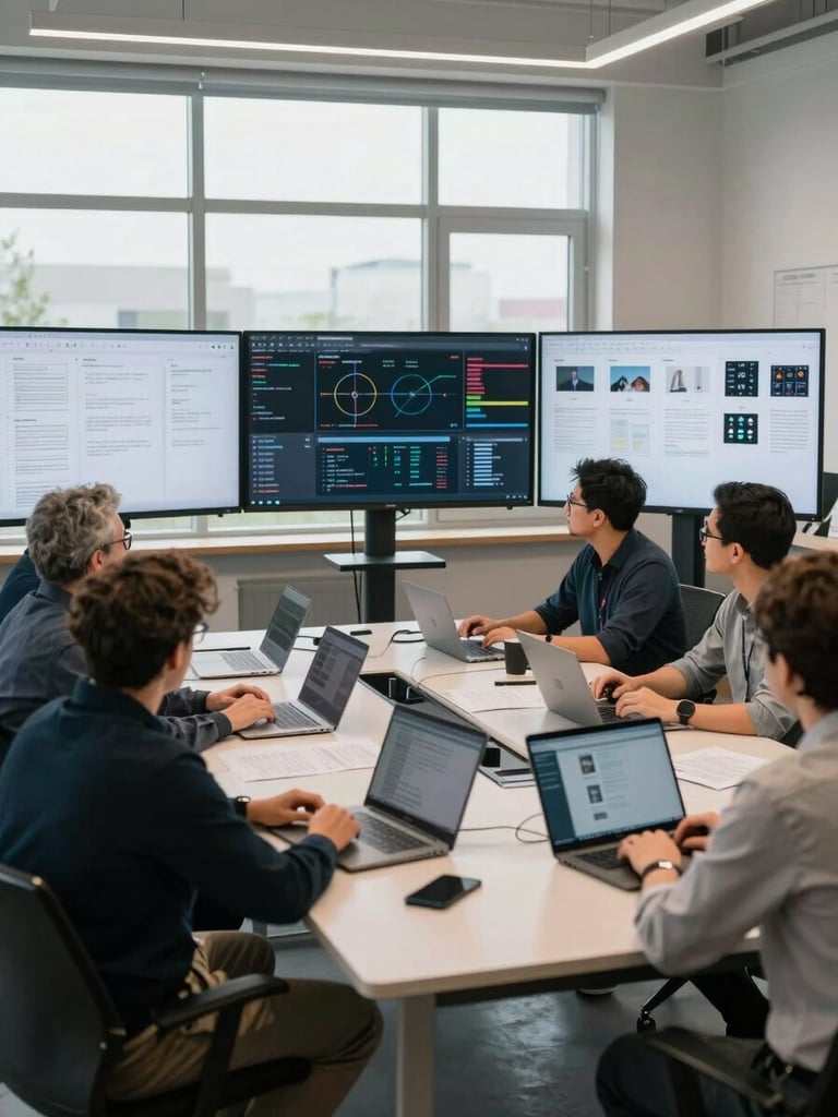Wide environmental shot of a strategy team at a long table, digital dashboards and print mockups visible side by side on large monitors, north-light studio, documentary framing, no faces prominent