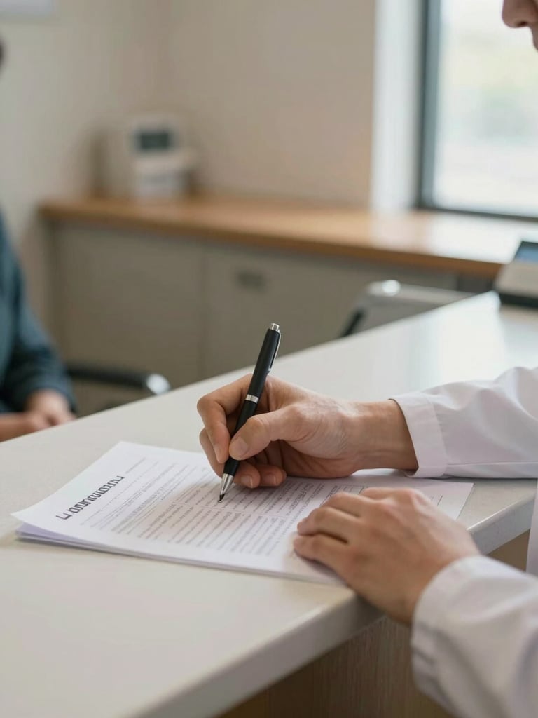 Close-up of a healthcare professional's hands mid-sign at a clinic reception desk, patient paperwork visible on the counter, warm window light from the right, shallow depth of field with the waiting area softly blurred behind