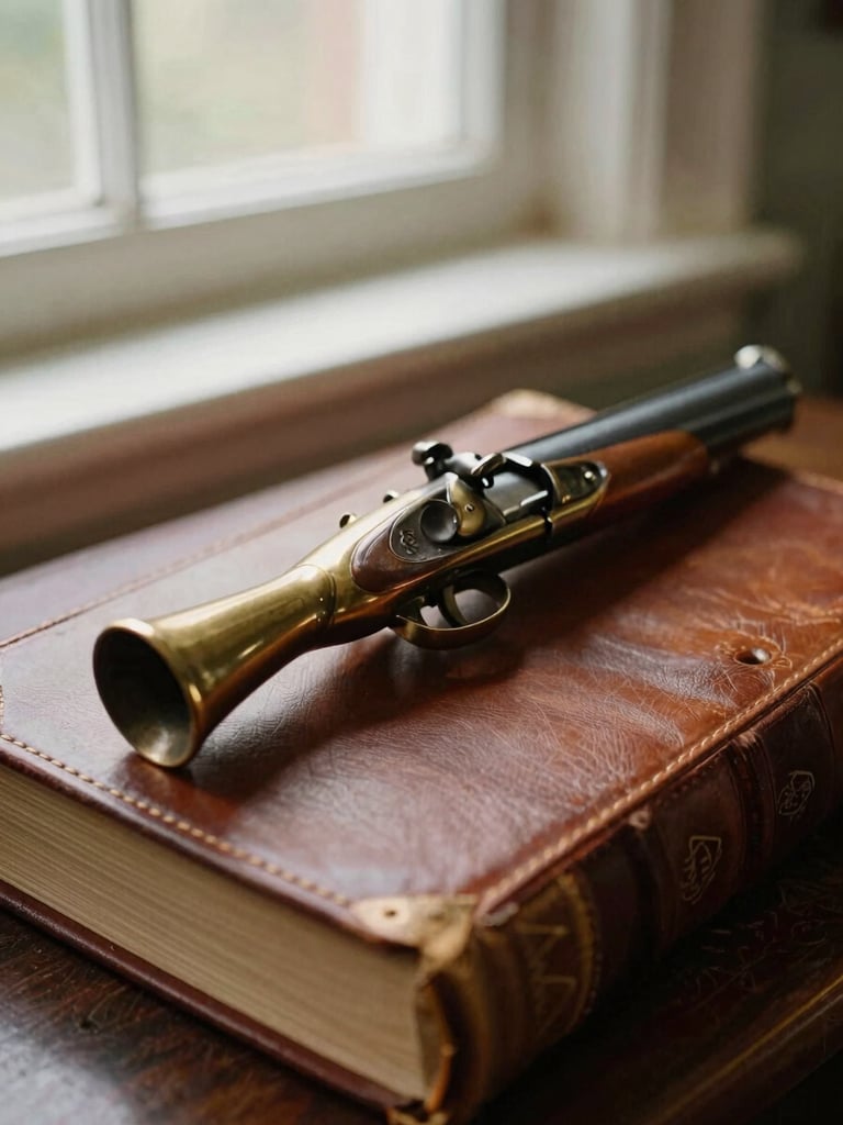 Close-up of a polished brass blunderbuss resting on top of historical leather-bound ledger books, warm natural window light, rich earthy tones, 35mm photography