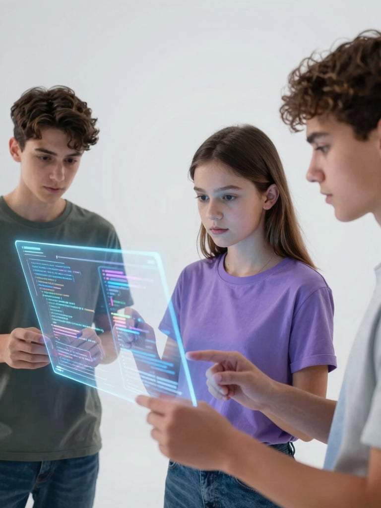 Diverse teenager deeply focused on a holographic projection showing complex data structures and code, clean futuristic photography, bright studio lighting with subtle blue and violet ambient glows, high-tech minimalist aesthetic, shallow depth of field.
