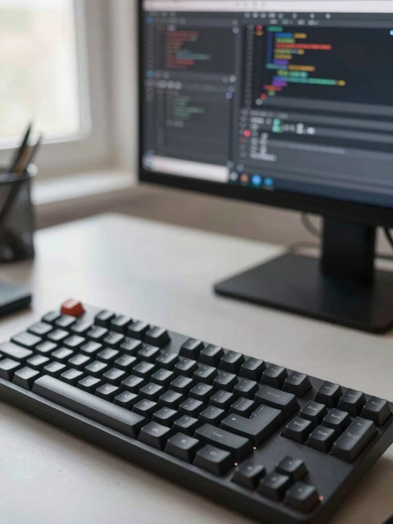 Close-up overhead view of a mechanical keyboard and monitor showing a code editor with multiple open files, a Figma canvas visible on a second screen in soft focus behind, natural window light from the left, clean workspace, mid-work state