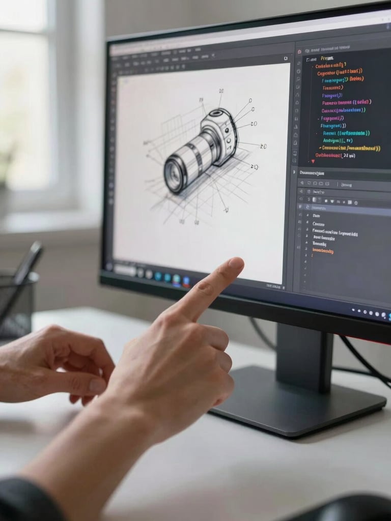 Close-up of hands pointing at a monitor displaying a Figma canvas mid-sketch alongside a code editor in a split screen, daylight from a window to the left, clean desk surface, shallow depth of field on the screens