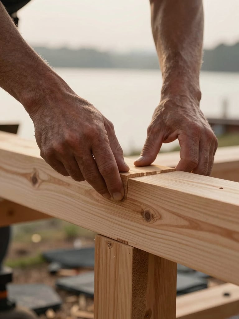 Close-up of a master carpenter's hands precisely fitting a heavy timber joint, soft overcast daylight, rich natural wood tones, shallow depth of field