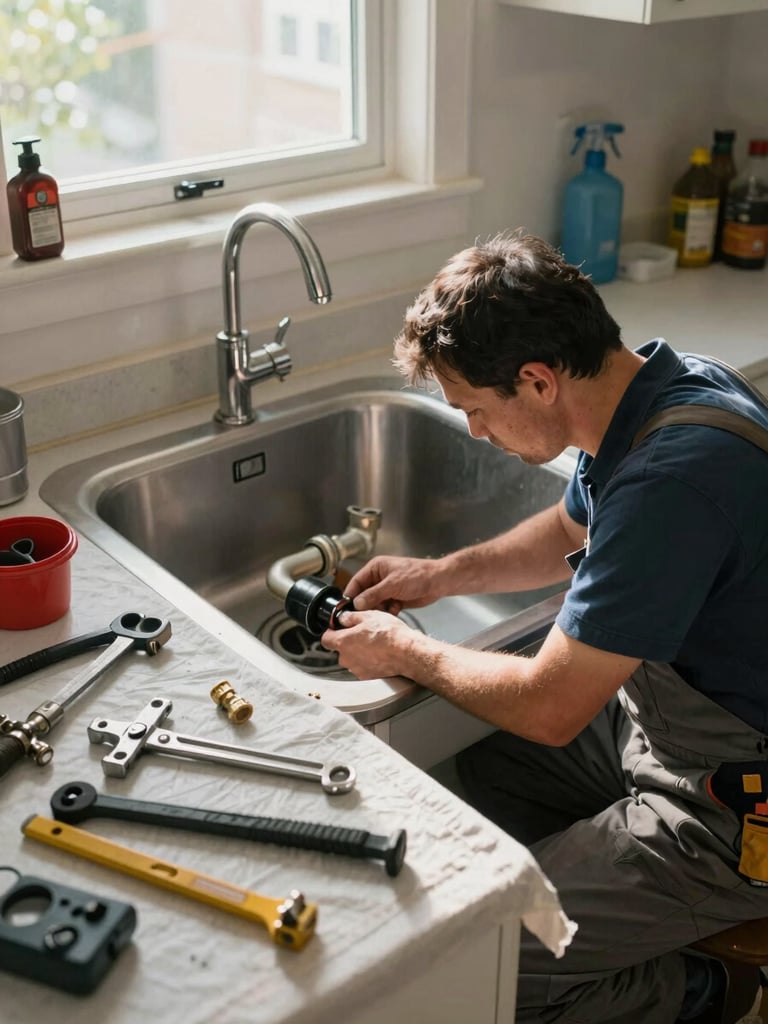 Wide documentary shot of a plumber working under a kitchen sink in a lived-in Etobicoke home, tools spread on a drop cloth, natural afternoon light falling through a window above the counter, pipes and fittings mid-assembly