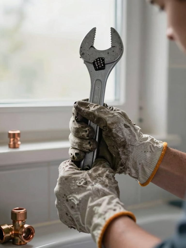 Close-up of a plumber's weathered hands gripping a pipe wrench mid-installation under natural window light in a residential bathroom, worn work gloves folded back at the wrist, copper fittings visible in the foreground